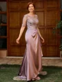 Sheath Scoop 1/2 Sleeves Appliques Lace Floor-Length Silk Like Satin Mother of the Bride Dress