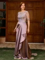 Sheath Scoop 1/2 Sleeves Appliques Lace Floor-Length Silk Like Satin Mother of the Bride Dress