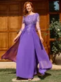 A-line Scoop 1/2 Sleeves Appliques Lace Floor-Length Chiffon Mother of the Bride Dress