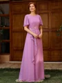 A-line Scoop Short Sleeves Appliques Lace Floor-Length Chiffon Mother of the Bride Dress