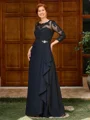 A-line Scoop 3/4 Sleeves Appliques Lace Floor-Length Chiffon Mother of the Bride Dress