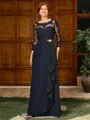 A-line Scoop 3/4 Sleeves Appliques Lace Floor-Length Chiffon Mother of the Bride Dress