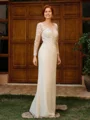 Sheath Scoop Long Sleeves Appliques Lace Floor-Length Chiffon Mother of the Bride Dress
