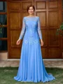 A-line Bateau Long Sleeves Appliques Lace Sweep Train Chiffon Mother of the Bride Dress
