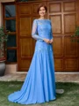 A-line Bateau Long Sleeves Appliques Lace Sweep Train Chiffon Mother of the Bride Dress