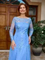 A-line Bateau Long Sleeves Appliques Lace Sweep Train Chiffon Mother of the Bride Dress