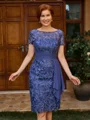 Sheath Scoop Short Sleeves Appliques Lace Knee-Length Chiffon Mother of the Bride Dress