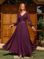 A-line V-neck Long Sleeves Appliques Lace Ankle-Length Chiffon Mother of the Bride Dress