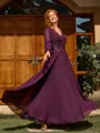 A-line V-neck Long Sleeves Appliques Lace Ankle-Length Chiffon Mother of the Bride Dress