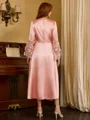 A-line Scoop Long Sleeves Appliques Lace Tea-Length Silk Like Satin Mother of the Bride Dress