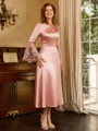 A-line Scoop Long Sleeves Appliques Lace Tea-Length Silk Like Satin Mother of the Bride Dress