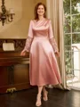 A-line Scoop Long Sleeves Appliques Lace Tea-Length Silk Like Satin Mother of the Bride Dress
