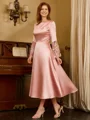 A-line Scoop Long Sleeves Appliques Lace Tea-Length Silk Like Satin Mother of the Bride Dress