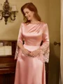 A-line Scoop Long Sleeves Appliques Lace Tea-Length Silk Like Satin Mother of the Bride Dress
