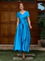 A-line V-neck Short Sleeves Pleated Ankle-Length Silk Like Satin Mother of the Bride Dress