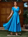 A-line V-neck Short Sleeves Pleated Ankle-Length Silk Like Satin Mother of the Bride Dress