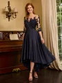 A-line Bateau 3/4 Sleeves Appliques Lace Asymmetrical Satin Mother of the Bride Dress