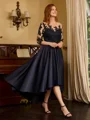 A-line Bateau 3/4 Sleeves Appliques Lace Asymmetrical Satin Mother of the Bride Dress