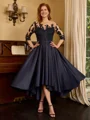 A-line Bateau 3/4 Sleeves Appliques Lace Asymmetrical Satin Mother of the Bride Dress
