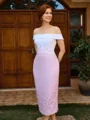 Sheath Off-the-Shoulder Appliques Lace Tea-Length Satin Mother of the Bride Dress