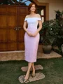 Sheath Off-the-Shoulder Appliques Lace Tea-Length Satin Mother of the Bride Dress