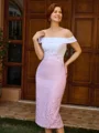 Sheath Off-the-Shoulder Appliques Lace Tea-Length Satin Mother of the Bride Dress