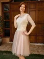 A-line Scoop 3/4 Sleeves Appliques Lace Knee-Length Tulle Mother of the Bride Dress