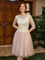 A-line Scoop 3/4 Sleeves Appliques Lace Knee-Length Tulle Mother of the Bride Dress