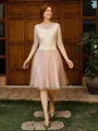 A-line Scoop 3/4 Sleeves Appliques Lace Knee-Length Tulle Mother of the Bride Dress