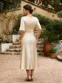 Sheath/Column Silk Like Satin Ruched Scoop Short Sleeves Tea-Length Mother of the Bride Dresses