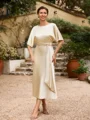 Sheath/Column Silk Like Satin Ruched Scoop Short Sleeves Tea-Length Mother of the Bride Dresses