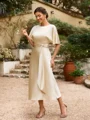 Sheath/Column Silk Like Satin Ruched Scoop Short Sleeves Tea-Length Mother of the Bride Dresses