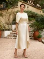 Sheath/Column Silk Like Satin Ruched Scoop Short Sleeves Tea-Length Mother of the Bride Dresses