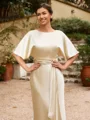 Sheath/Column Silk Like Satin Ruched Scoop Short Sleeves Tea-Length Mother of the Bride Dresses