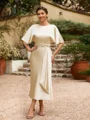 Sheath/Column Silk Like Satin Ruched Scoop Short Sleeves Tea-Length Mother of the Bride Dresses