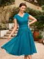 A-Line/Princess Chiffon Ruched V-neck Short Sleeves Knee-Length Mother of the Bride Dresses