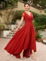 A-Line/Princess Chiffon Ruched V-neck Short Sleeves Asymmetrical Mother of the Bride Dresses