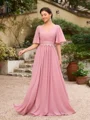 A-Line/Princess Chiffon Ruched V-neck 1/2 Sleeves Floor-Length Mother of the Bride Dresses