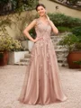 A-Line/Princess Tulle Applique V-neck Sleeveless Floor-Length Dresses