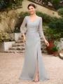 Sheath/Column 30D Chiffon Beading V-neck 3/4 Sleeves Floor-Length Mother of the Bride Dresses
