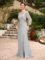 Sheath/Column 30D Chiffon Beading V-neck 3/4 Sleeves Floor-Length Mother of the Bride Dresses