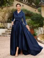 A-Line/Princess Satin Ruched V-neck Long Sleeves Asymmetrical Mother of the Bride Dresses