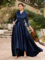 A-Line/Princess Satin Ruched V-neck Long Sleeves Asymmetrical Mother of the Bride Dresses