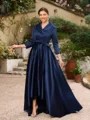 A-Line/Princess Satin Ruched V-neck Long Sleeves Asymmetrical Mother of the Bride Dresses