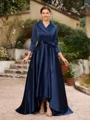A-Line/Princess Satin Ruched V-neck Long Sleeves Asymmetrical Mother of the Bride Dresses