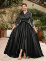 A-Line/Princess Satin Ruched V-neck Long Sleeves Asymmetrical Mother of the Bride Dresses