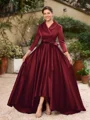 A-Line/Princess Satin Ruched V-neck Long Sleeves Asymmetrical Mother of the Bride Dresses