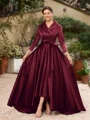 A-Line/Princess Satin Ruched V-neck Long Sleeves Asymmetrical Mother of the Bride Dresses