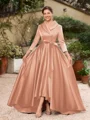 A-Line/Princess Satin Ruched V-neck Long Sleeves Asymmetrical Mother of the Bride Dresses