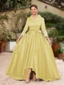 A-Line/Princess Satin Ruched V-neck Long Sleeves Asymmetrical Mother of the Bride Dresses